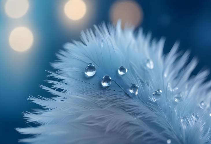 Sparkling Water Dew on a Feather Artistic Macro with Blue Background