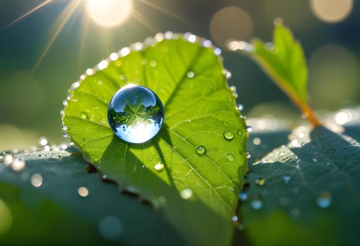 Sparkling Water Drop on Leaf with Sunlight, Macro Photography