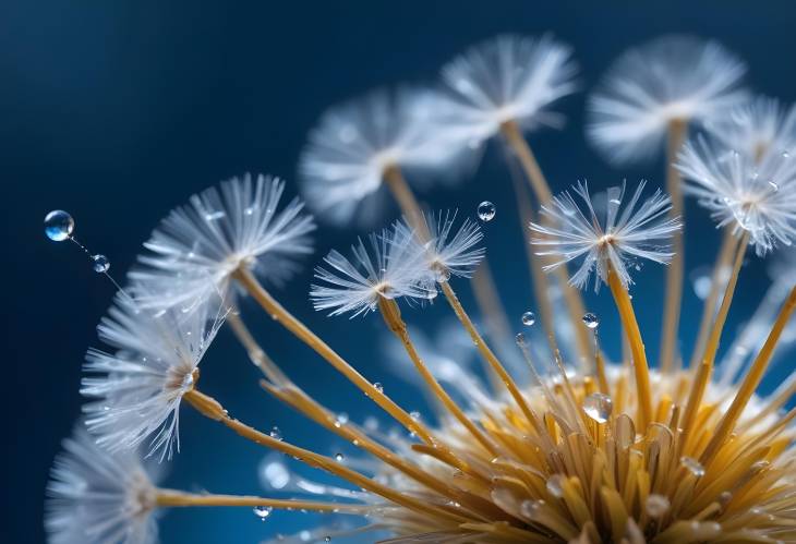 Sparkling Water Drops on Dandelion Flower with Blue Background