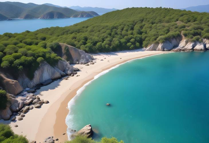 Spectacular Aerial View of Cacaluta Bay Turquoise Waters, Mountain View, and Sunny Huatulco Beach