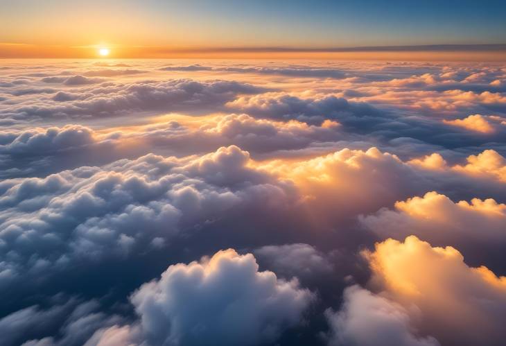 Spectacular Aerial View of Sunset Over Dense Clouds and Blue Horizon