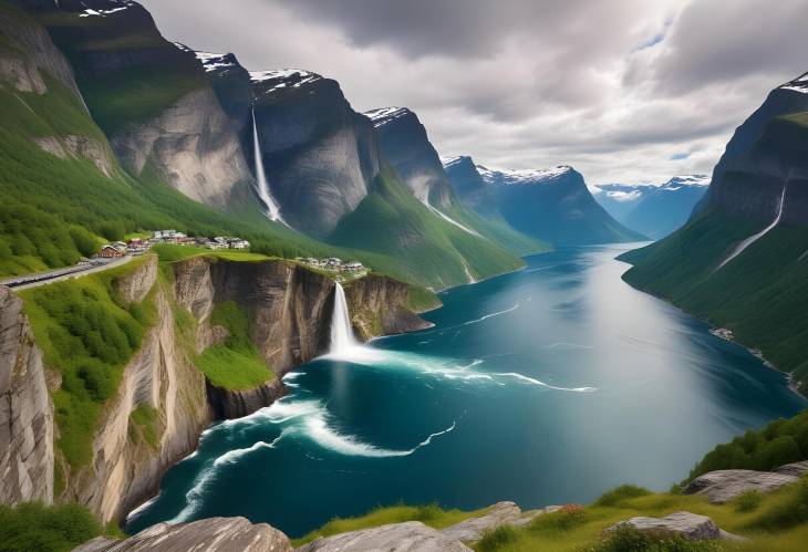 Spectacular Panorama of Sunnylvsfjorden Fjord and Seven Sisters Waterfalls Near Geiranger, Norway