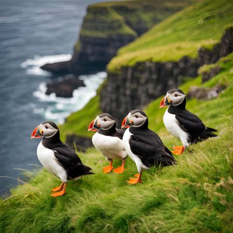 Spectacular Puffin Flock on the Grassy Coast of Faroe Islands Mykines Island  Atlantic Wildlife