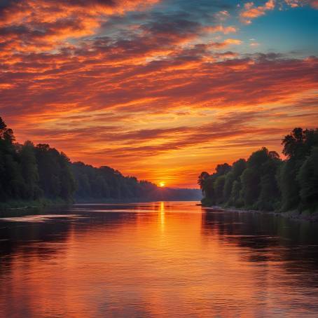 Spectacular Sunset and Sunrise Over Wide River Colorful Reflections