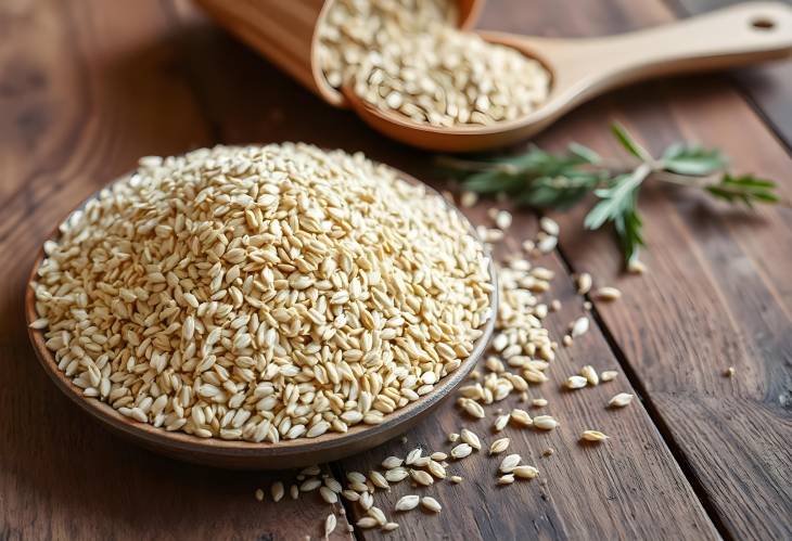 Spelt Grains Raw and Organic on Rustic Wooden Table  Detailed Close Up