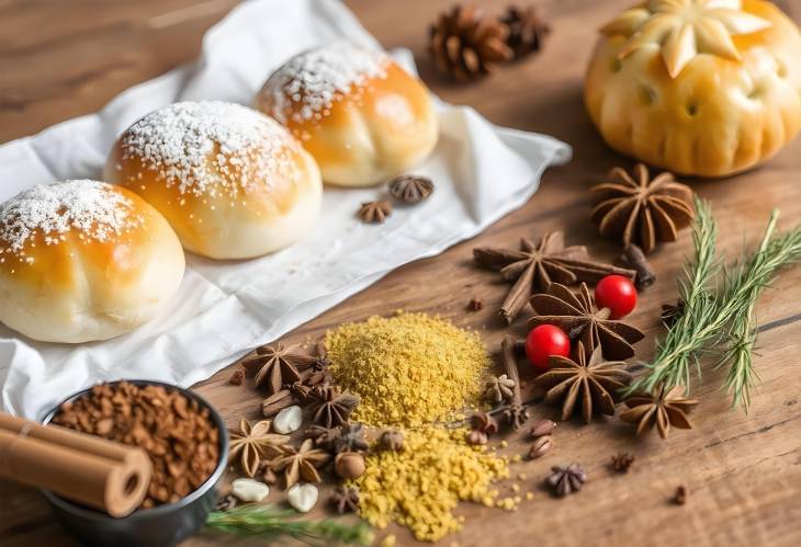 Spices for Mulled Wine and Pastry Displayed on a Wooden Table