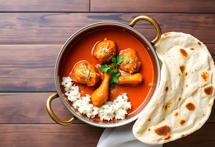 Spicy Chicken Tikka Masala with Rice and Naan in a Copper Pan on Rustic Wood