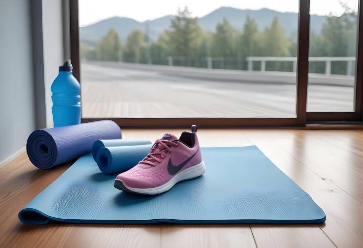 Sporting Essentials Gym Mat, Water, and Sneakers on Display