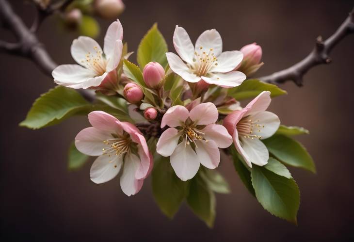 Spring Apple Tree Blossom Close Up Macro in Warm Vintage Tones on Dark Brown Background