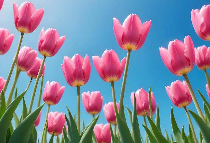 Spring Banner Blue Sky  Pink Tulip Flowers