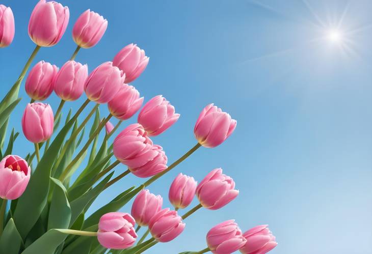 Spring Banner with Pink Tulips  Blue Sky