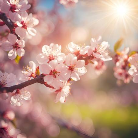 Spring Blossom Serenity Blooming Tree and Sun Flare on a Sunny Day