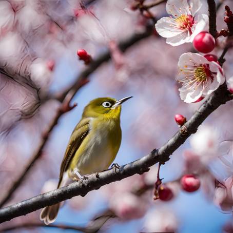 Spring Blossoms and White Eye Bird  Japanese Plum Tree in Bloom