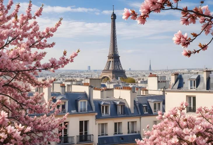 Spring Blossoms in Paris Eiffel Tower and Rooftops with Magnolia