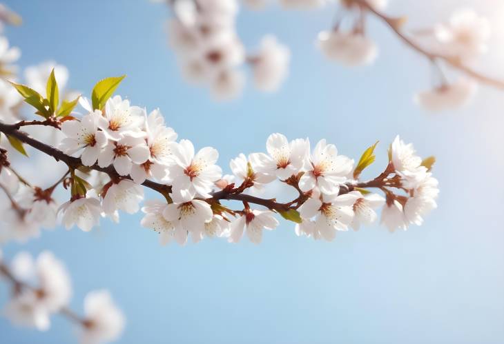 Spring Cherry Blossom Macro with Soft Focus on Light Blue Sky Background