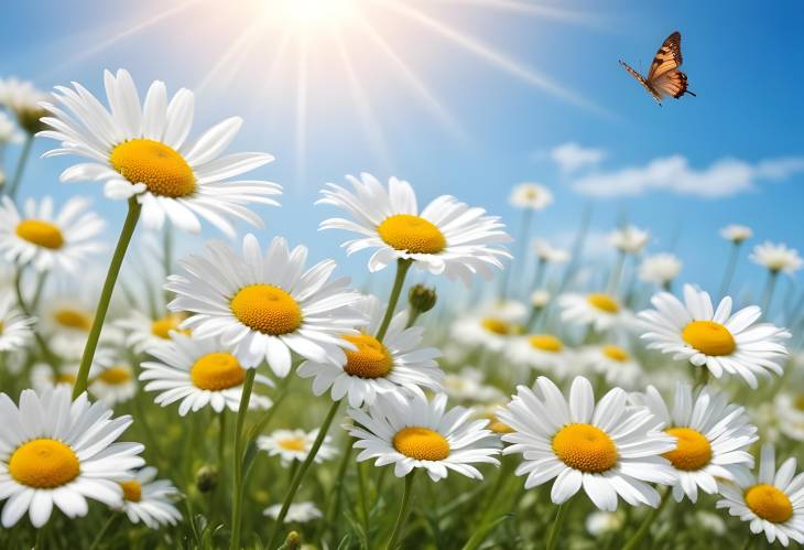 Spring Field of Chamomiles and Daisies with Butterfly