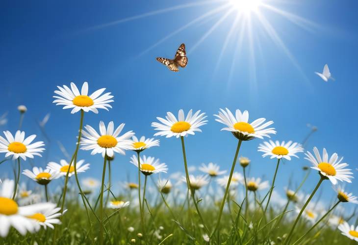 Spring Field with Chamomiles, Daisies, and Butterfly