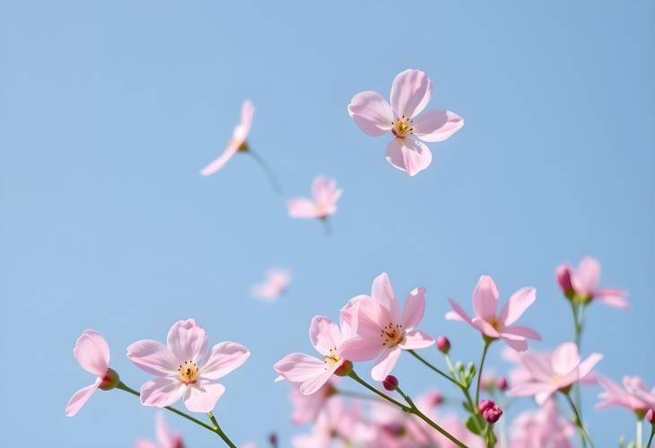 Spring Flowers Fly on a Blue Sky Background