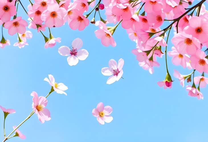 Spring Flowers Fly on a Blue Sky Background