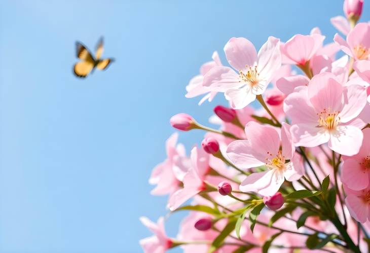 Spring Flowers Fly on a Blue Sky Background