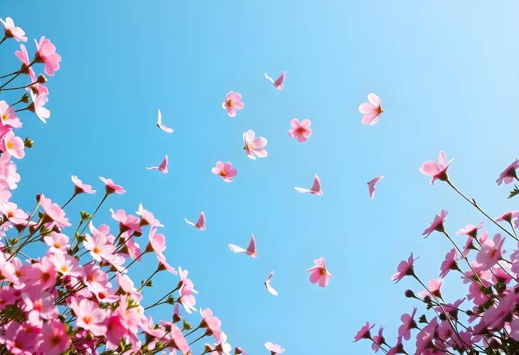 Spring Flowers Flying on a Blue Sky Background