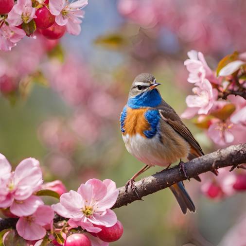 Spring Garden with Bluethroat Bird Singing on Pink Apple Tree Branch