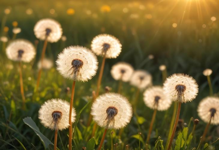 Spring Meadow with Fluffy Dandelions in Golden Sunlight