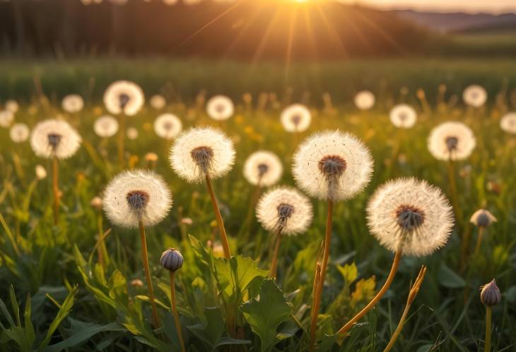 Spring Meadow with Fluffy Dandelions in Sunset Light