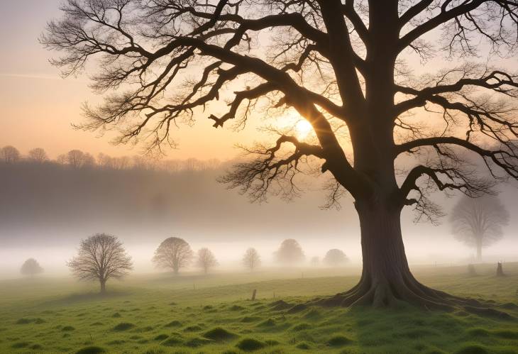 Spring Morning Fog and Oak Tree at Sunrise in Grohberg Nature Reserve, Bavaria