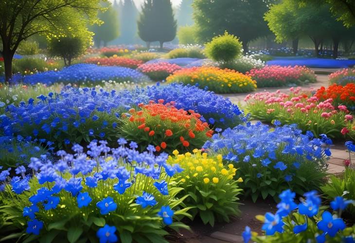 Spring Morning in a Flower Garden, Blue Flowers Blooming Amidst a Spectrum of Colors