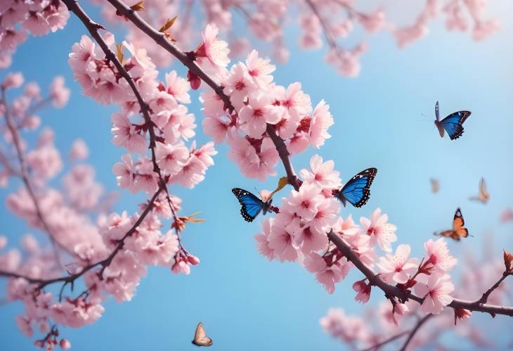 Spring Nature with Cherry Blossoms and Fluttering Butterflies