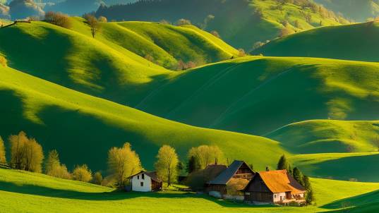 Spring Panorama of Romania Countryside Grassy Fields, Rolling Hills, and Sunny Skies