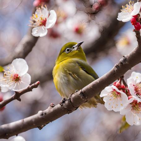 Spring Plum Blossoms and White Eye Bird  Natures Harmony in Japan