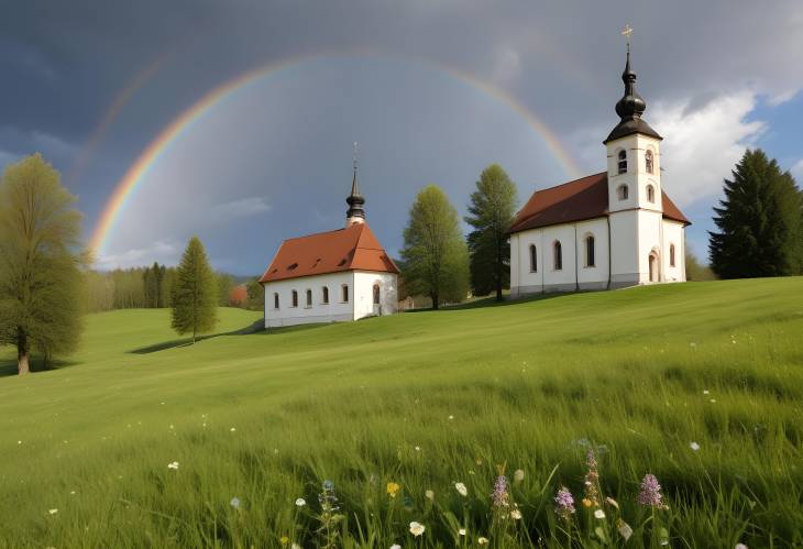 Spring Rainbow Over Rottenbuch Meadow Church and Cloudy Sky in Upper Bavaria