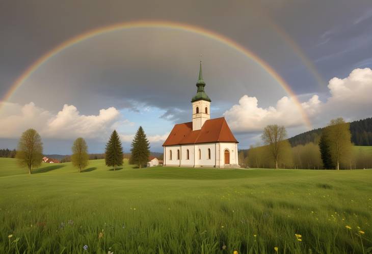 Spring Rainbow Over Rottenbuch Meadow Church and Cloudy Sky in Upper Bavaria