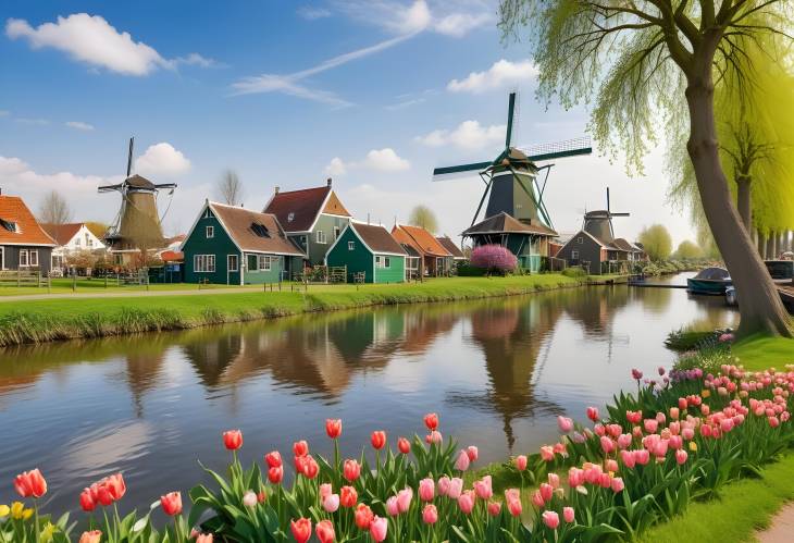 Spring Reflections Windmills and Canals at Zaanse Schans, Netherlands