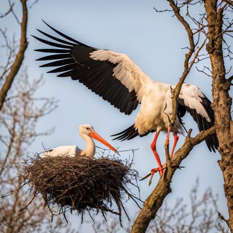 Spring Stork Carrying Twig in Beak Returning to Nest Stunning Bird Nest Building Photo