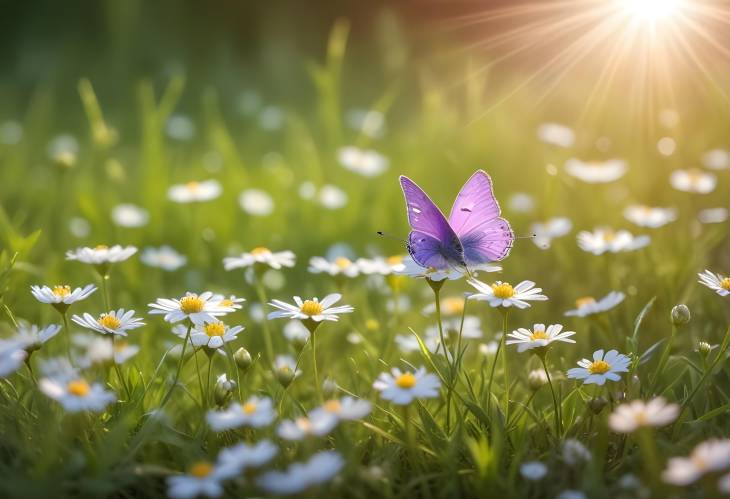 Spring Summer Butterfly Over White Flowers in Sunlight