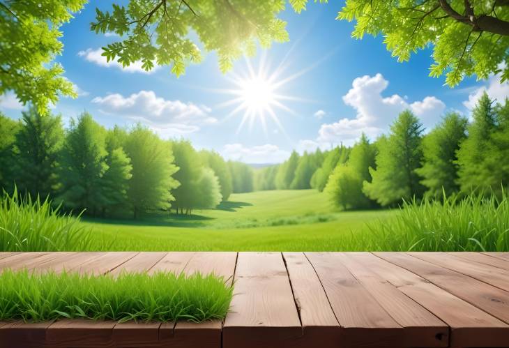 Spring Summer Outdoors Wooden Table Against Green Grass and Blue Sky