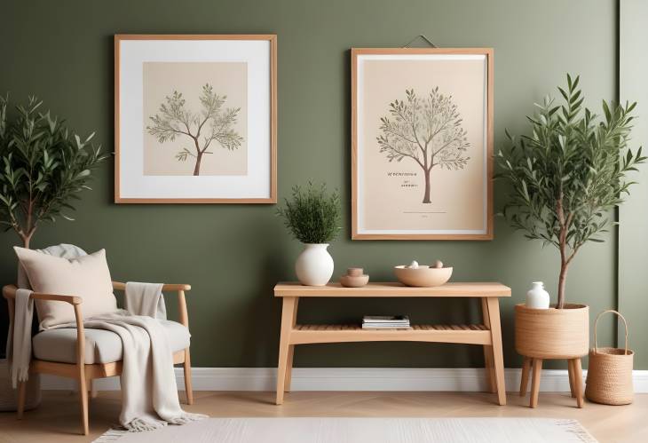 Spring Themed Living Room with Wooden Bench, Olive Tree, Green Stands, and Stylish Lamp 