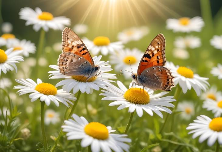 Spring Wildflowers and Butterfly in Morning Sunlight Macro