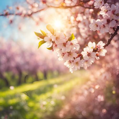 Springtime Bliss Blooming Tree and Sun Flare Against a Beautiful Nature Scene