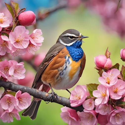 Springtime Bluethroat Bird Singing on Pink Apple Tree Branch in Blooming Garden