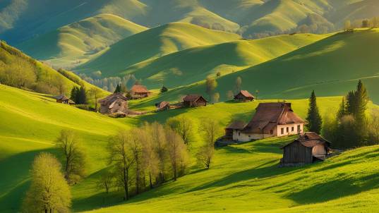 Springtime Panorama of Romania Countryside with Grassy Fields and Majestic Rolling Hills