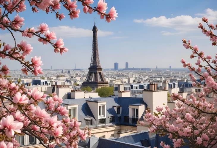 Springtime Paris Eiffel Tower, Rooftops, and Blooming Magnolia Tree