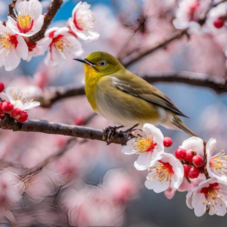 Springtime Plum Blossoms with White Eye Bird in Japan  Natures Splendor