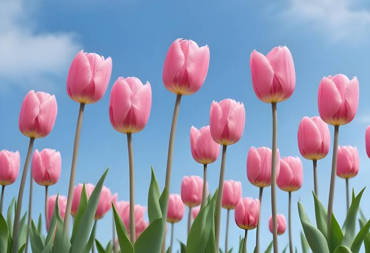 Springtime Tulips Pink Flowers Blooming Under Blue Skies