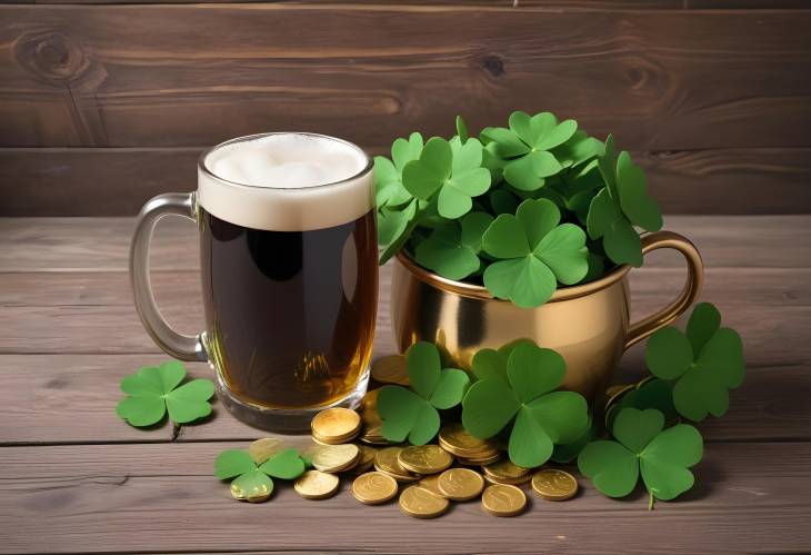 St. Patricks Day Decor Green Clovers, Gold Coins, and Beer