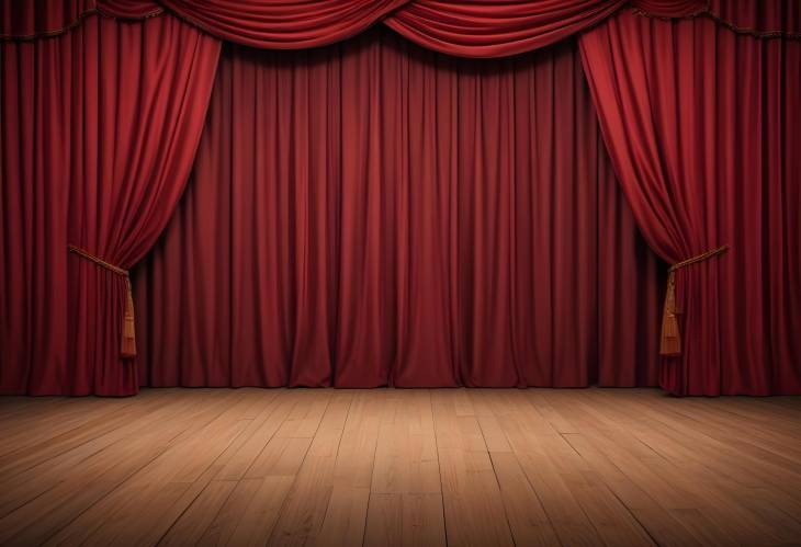 Stage with Red Brown Curtain and Wooden Floor, Theater Backstage View