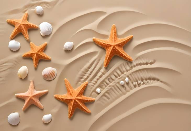 Starfish Print and Seashells on Sand Ideal for Coastal Photography and Beach Decor